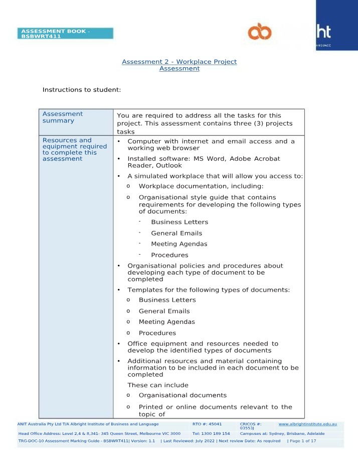 Workplace Project Tasks for BSBWRT411 Assessment 2