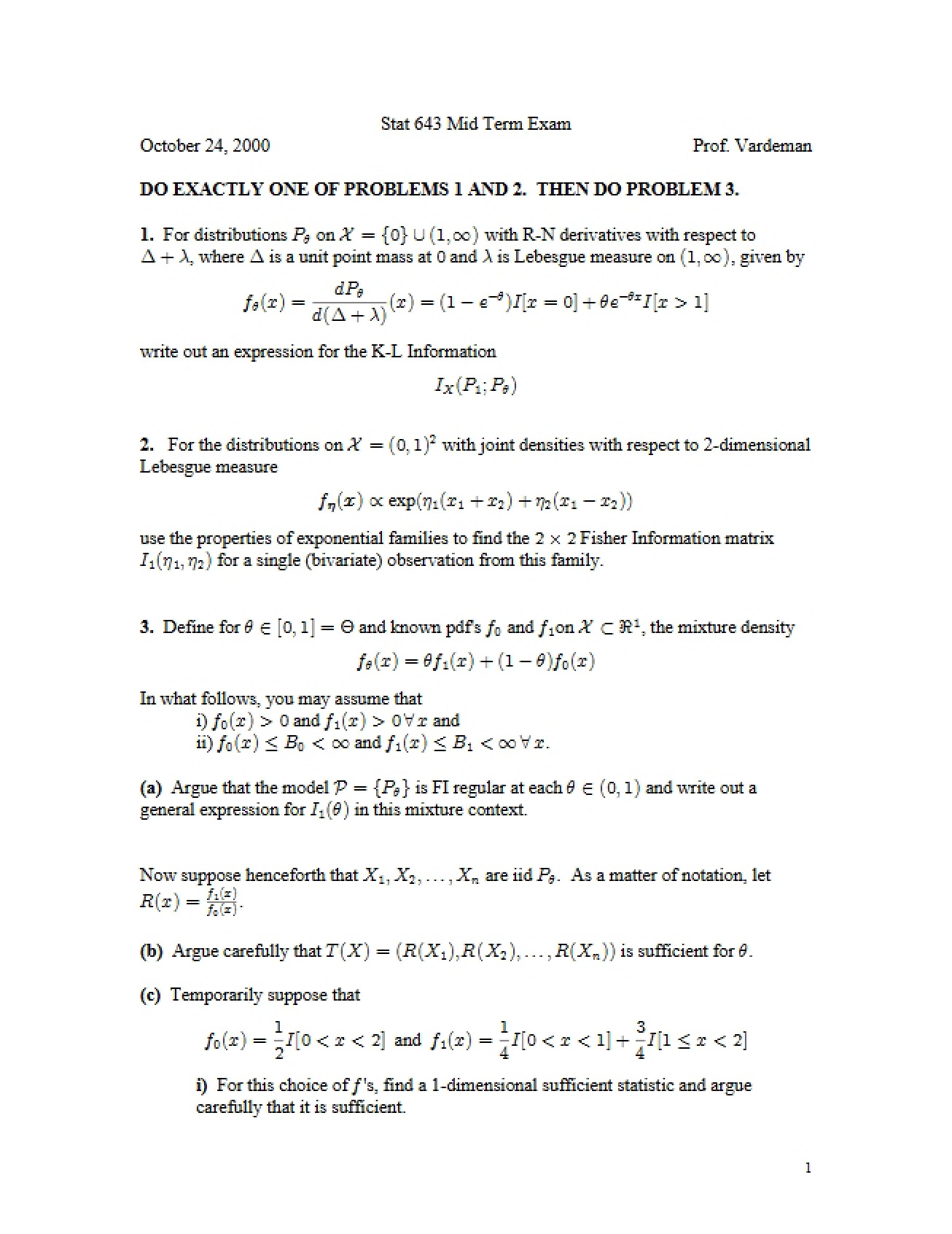 Midterm Examination for Advanced Theory of Statistical Inference
