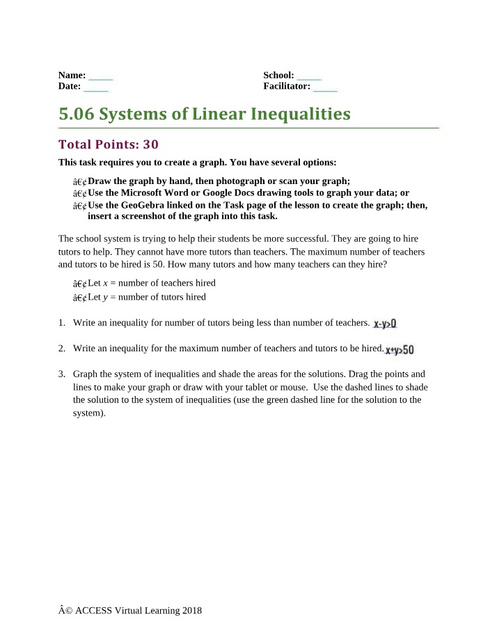 Assignment - Systems of Linear Inequalities