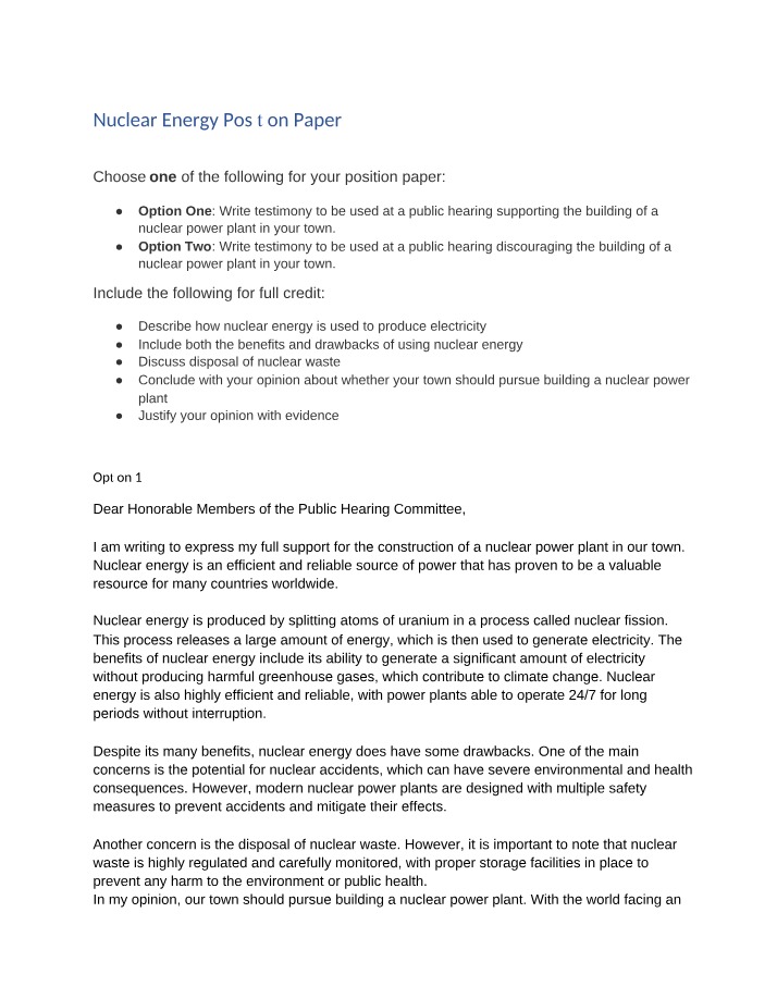 Position Paper on Nuclear Energy