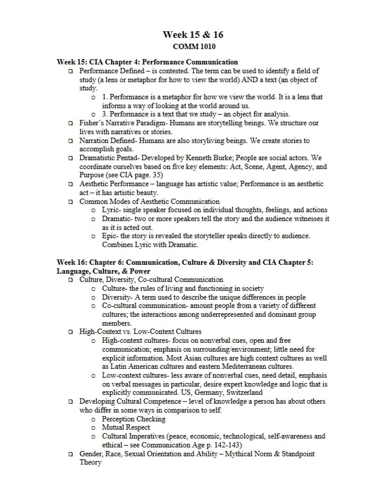 Notes for Weeks Fifteen and Sixteen