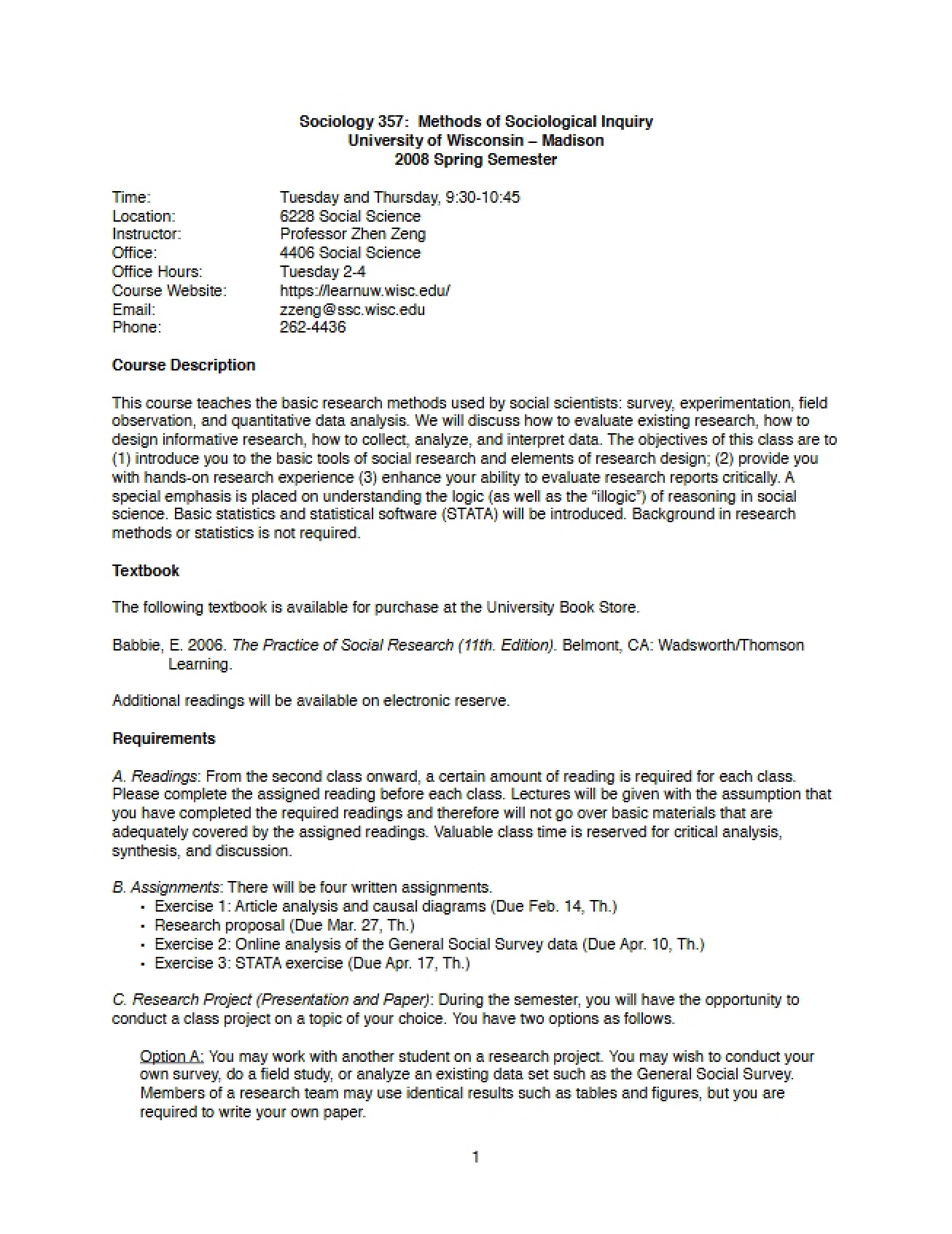 Course Outline for SOC 357 - Methods of Sociological Inquiry