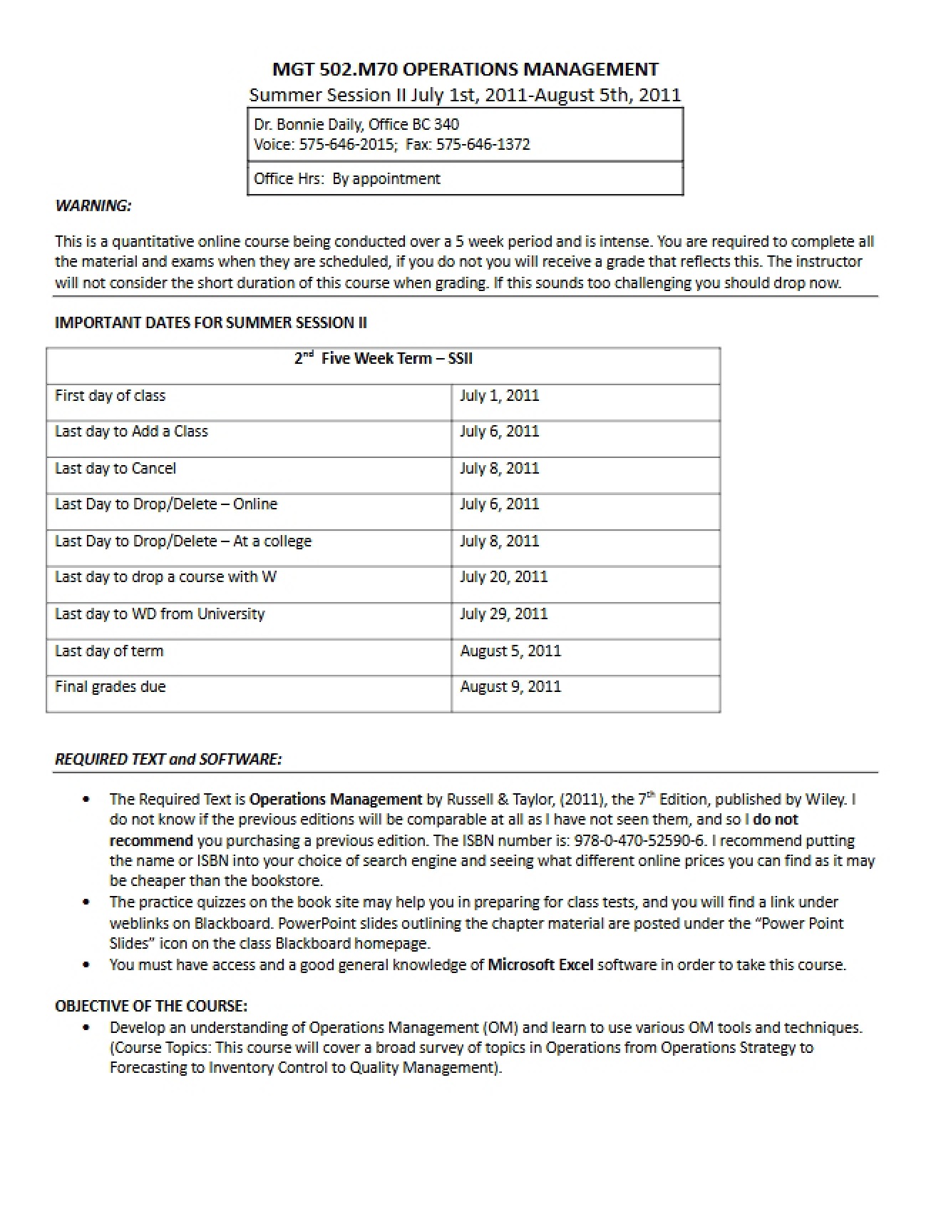 Operations Management Course Syllabus