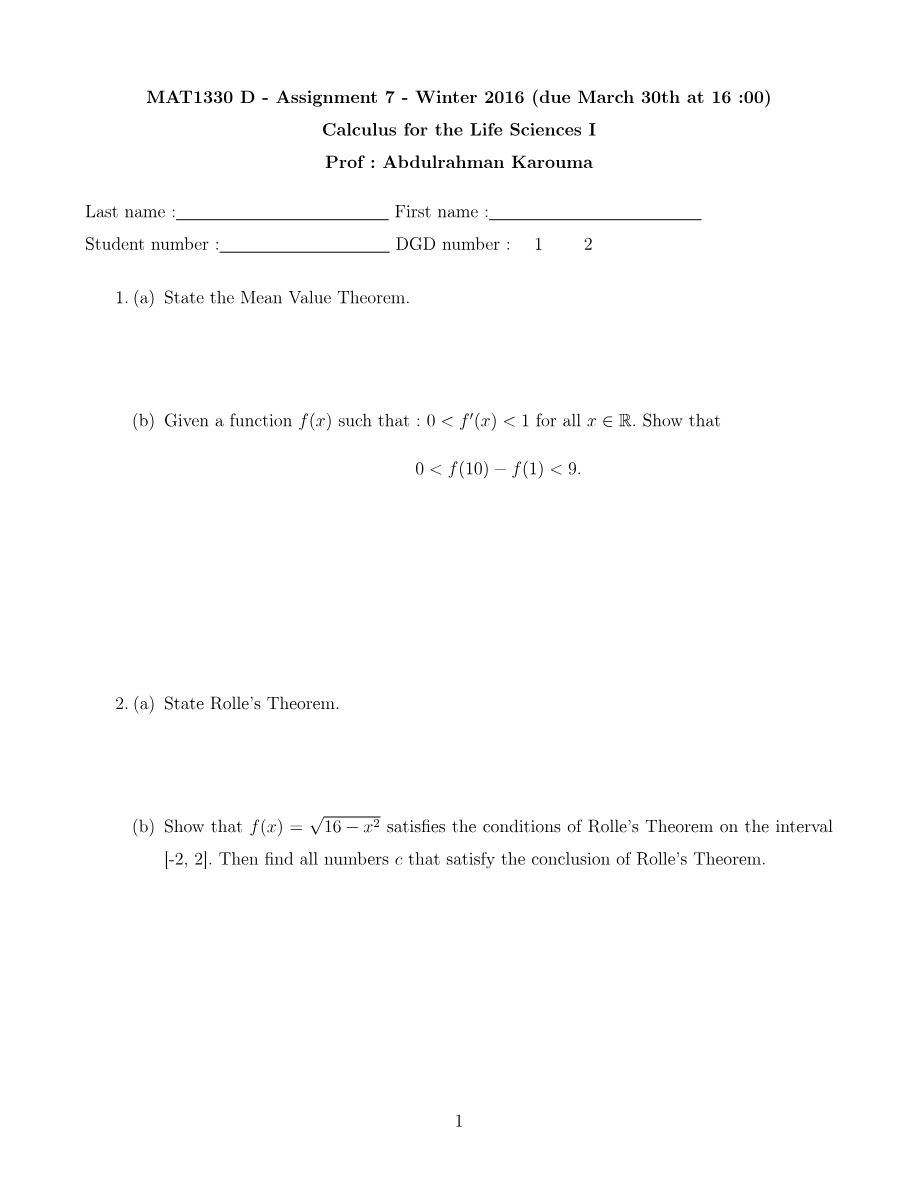 Assignment 7 (Winter 2016) - MAT1330 Section D