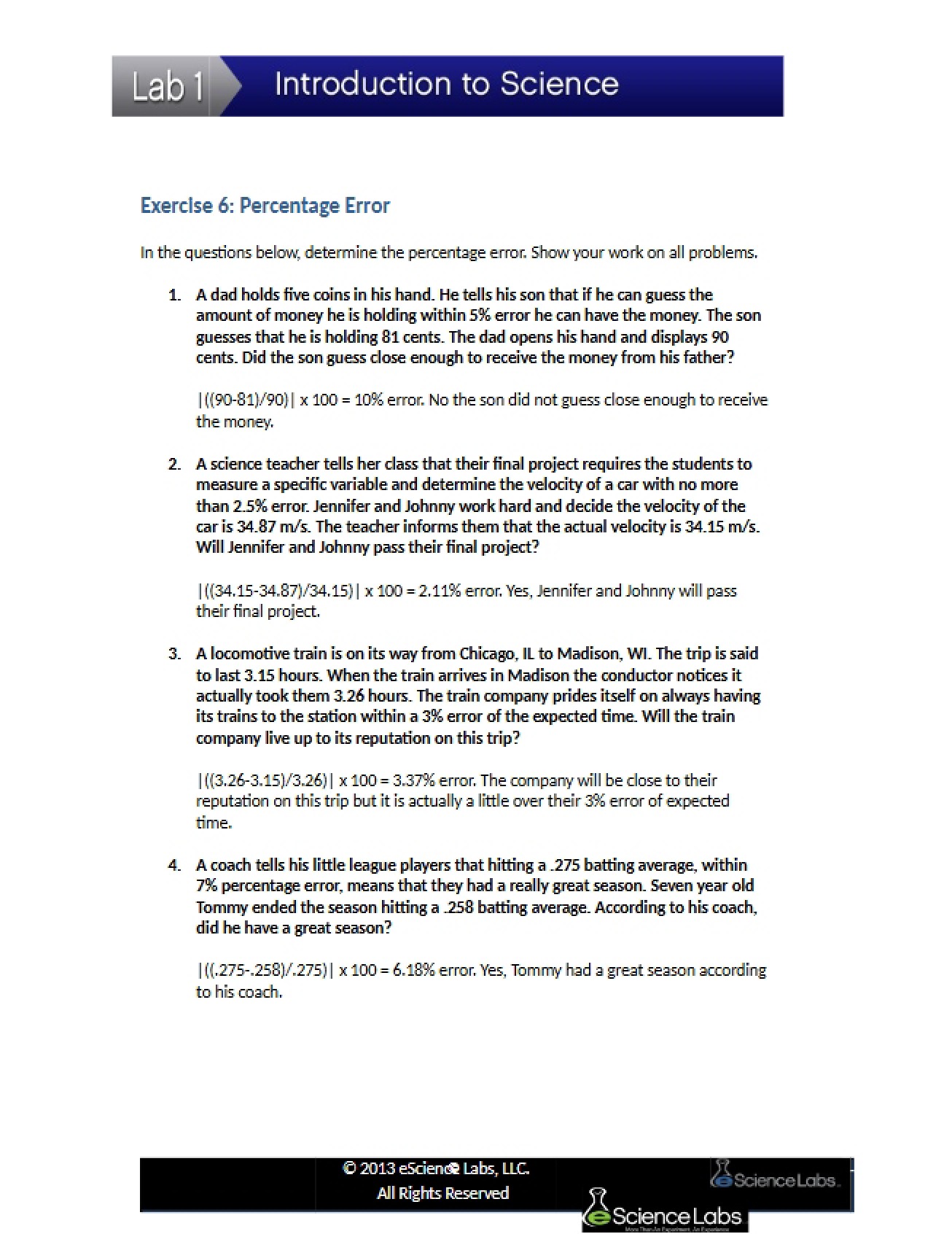 Sixth Exercise An Introduction to Percentage Error