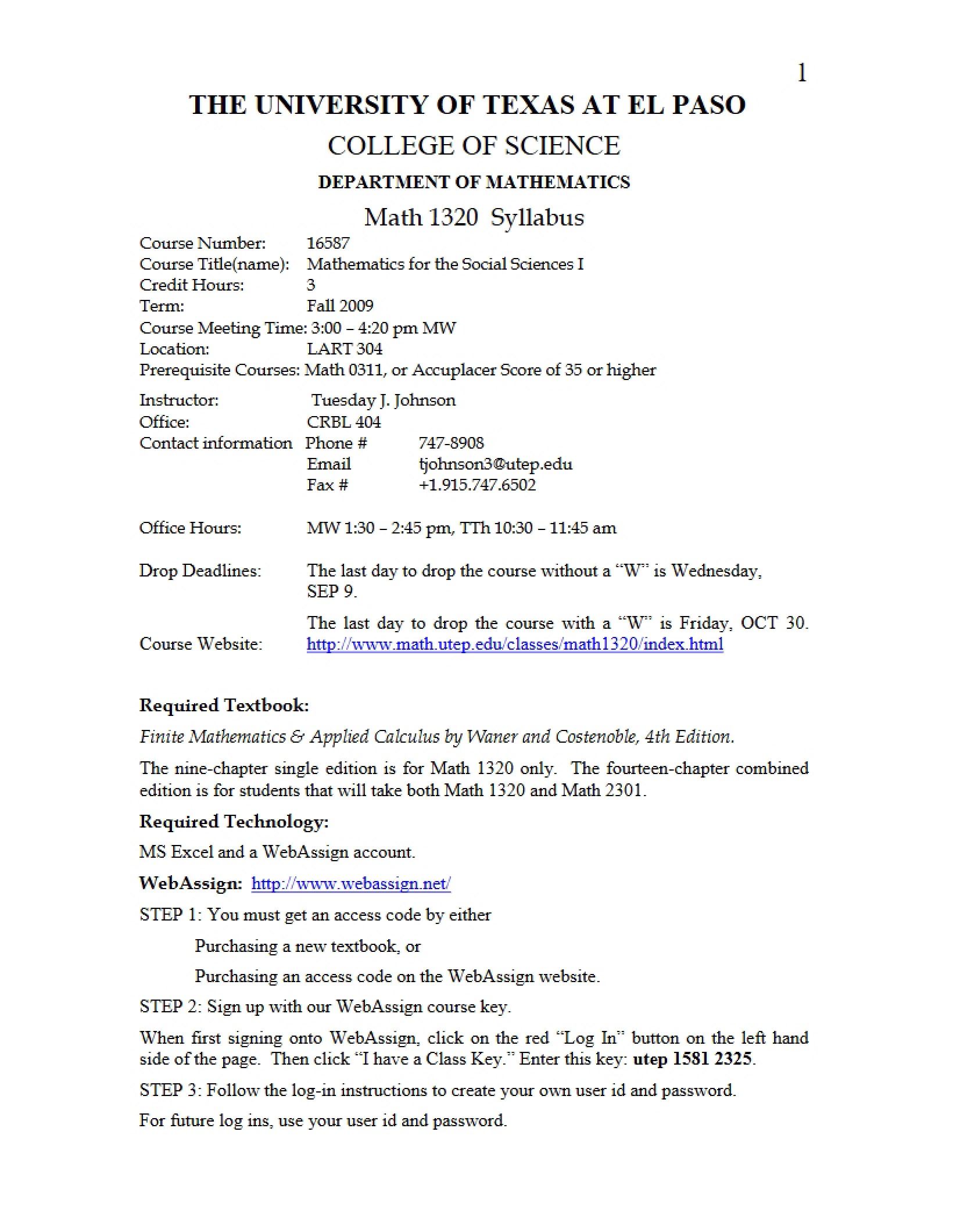 Math for Social Sciences I Syllabus - 6 Pages