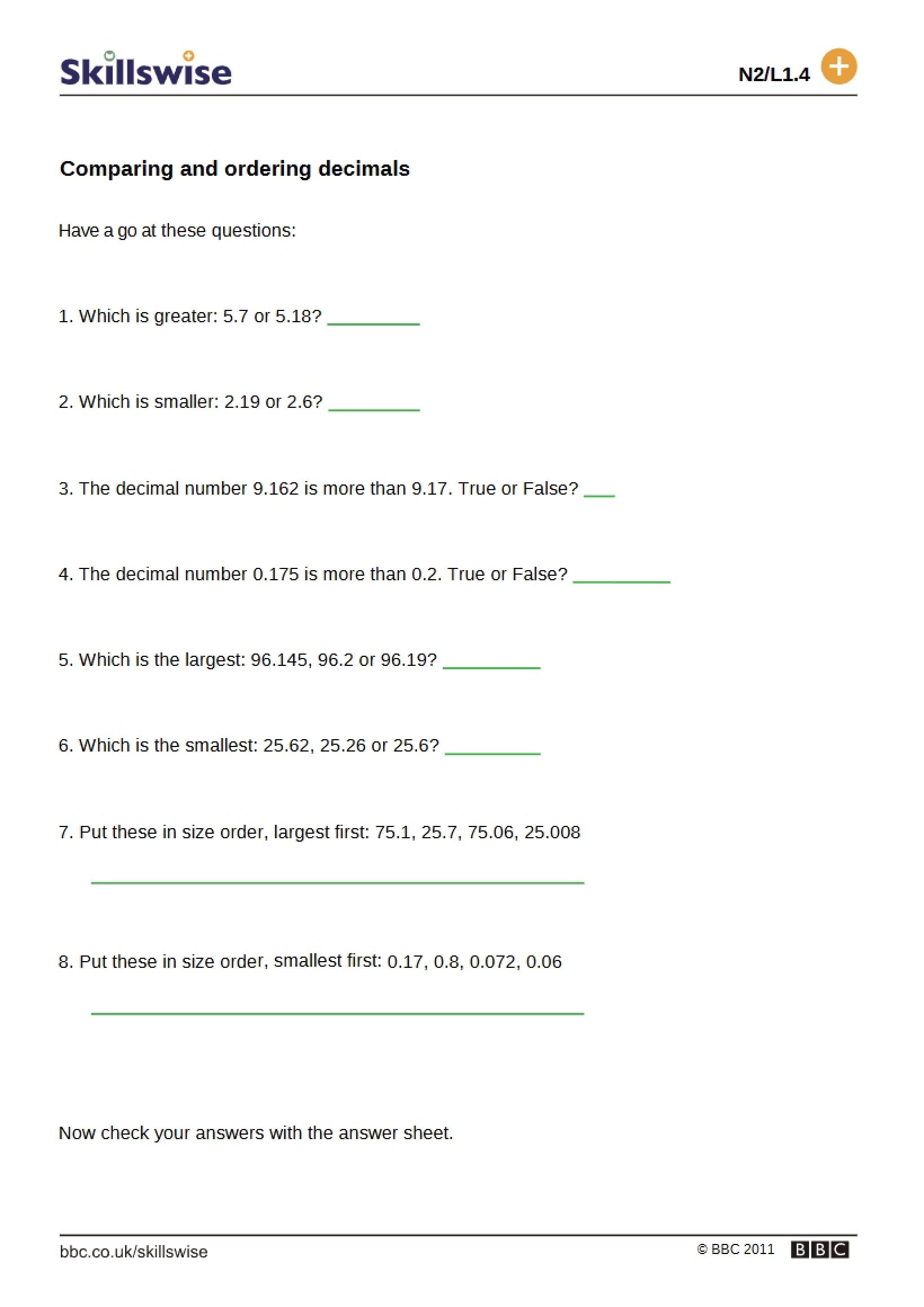 Decimals Ordering and Comparing