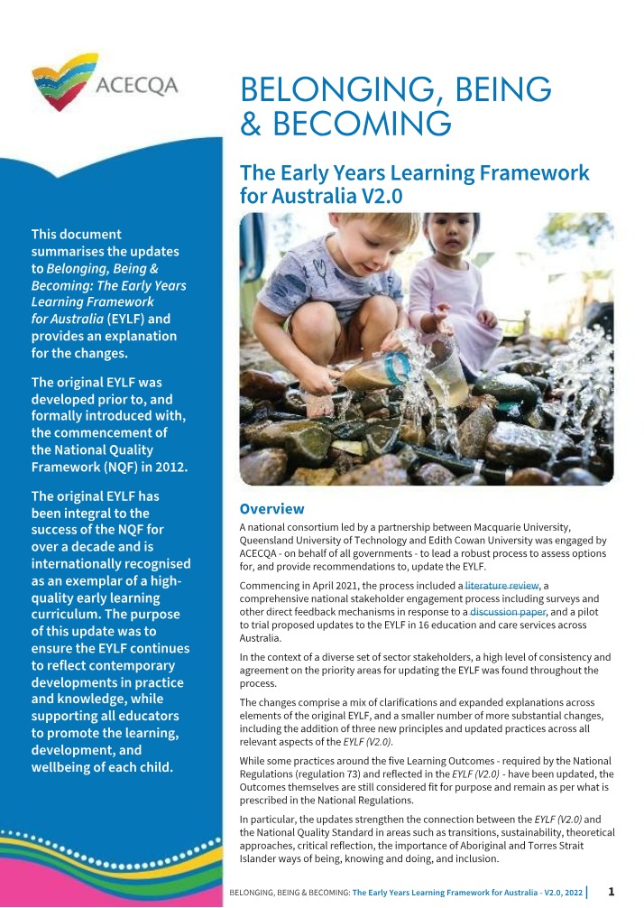 Updates to the Early Years Learning Framework for Australia V2.0