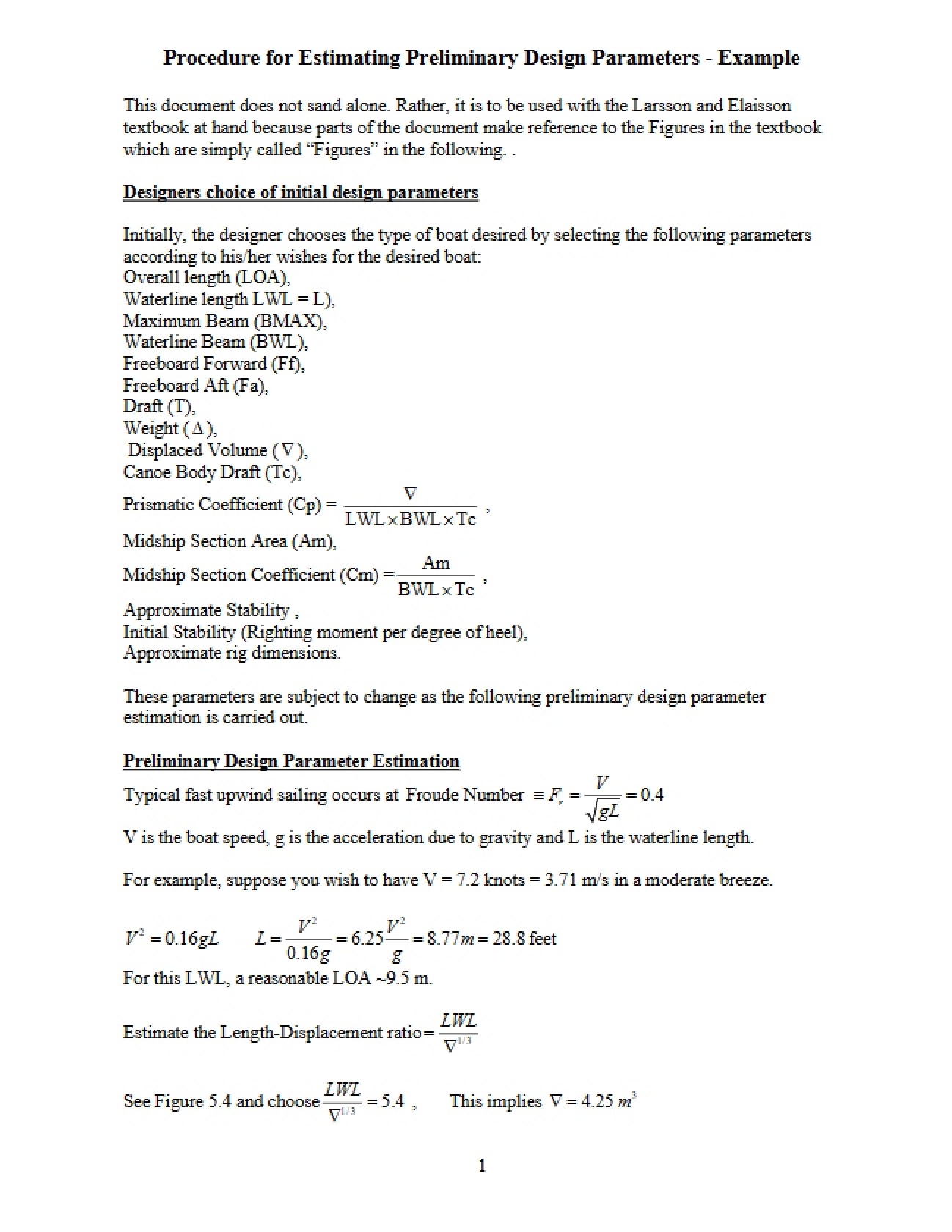 Estimating Preliminary Design Parameters: Procedure