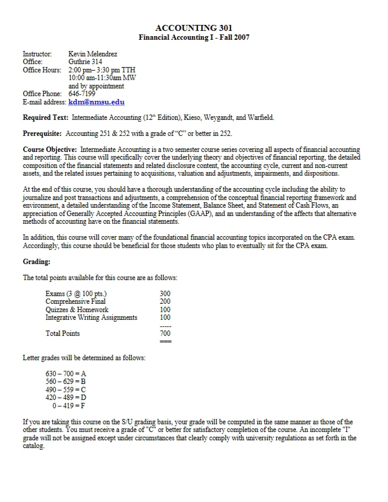 Financial Accounting I Syllabus from Fall 2007 by Kevin Melendrez