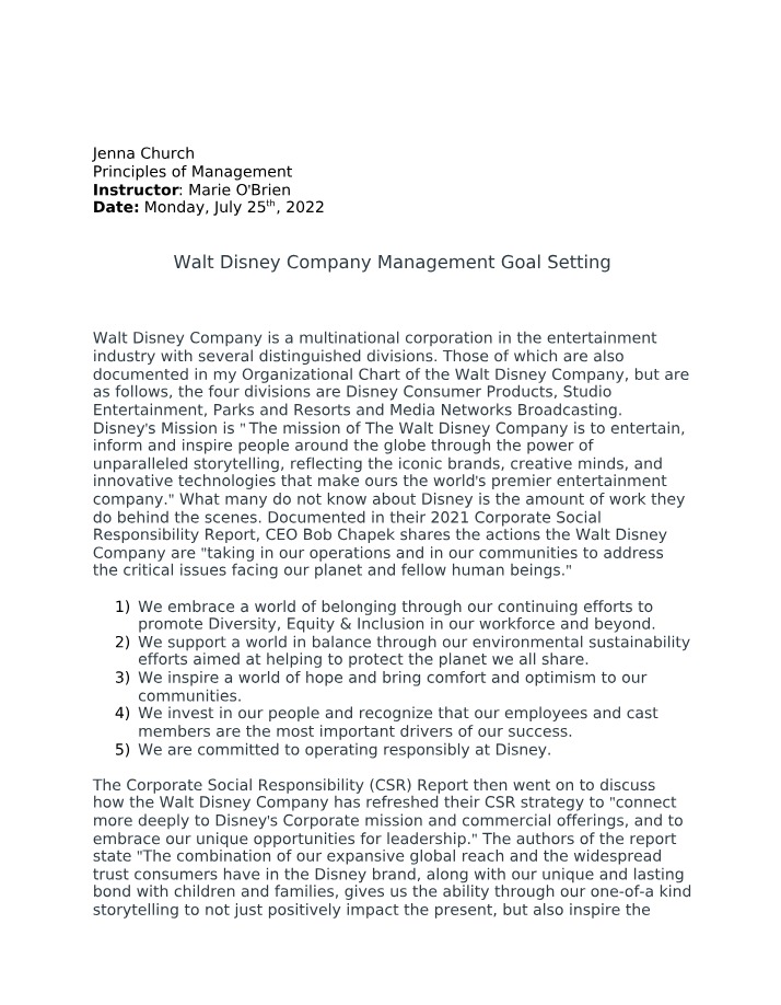 Environmental Sustainability at the Walt Disney Company