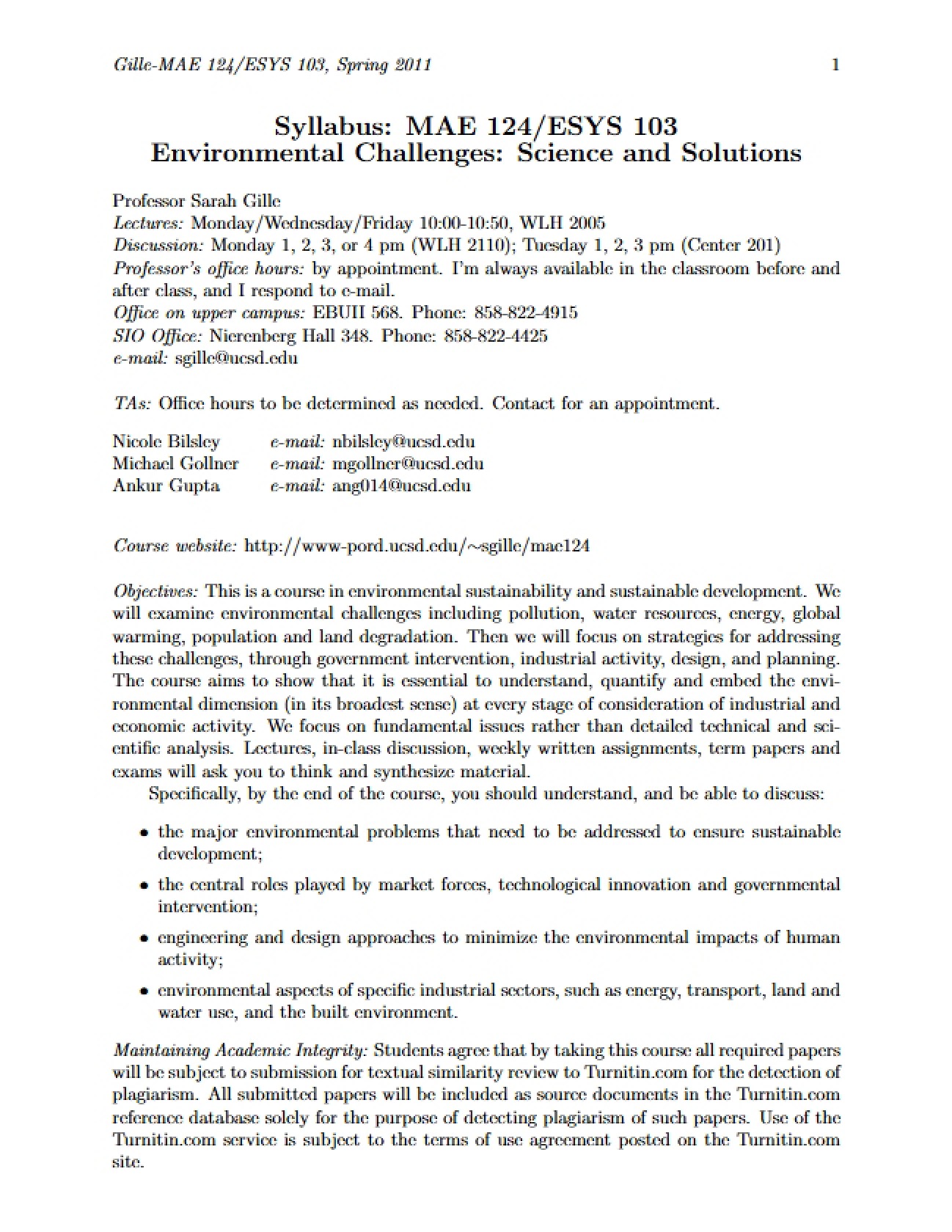 Environmental Solutions Course Outline