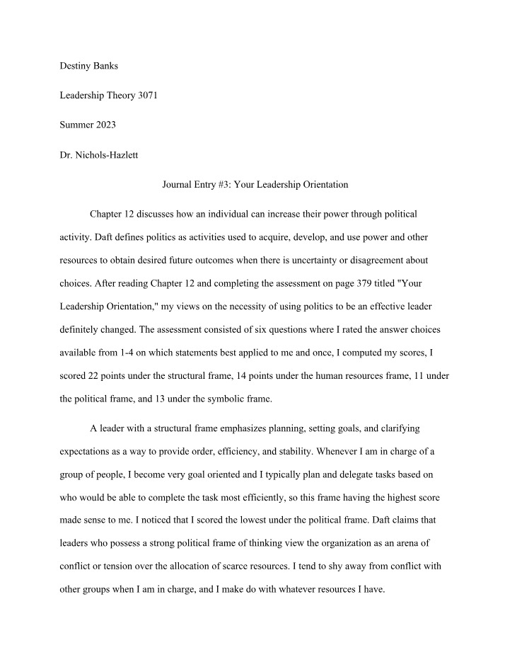 Destiny Banks - Journal Entry #3