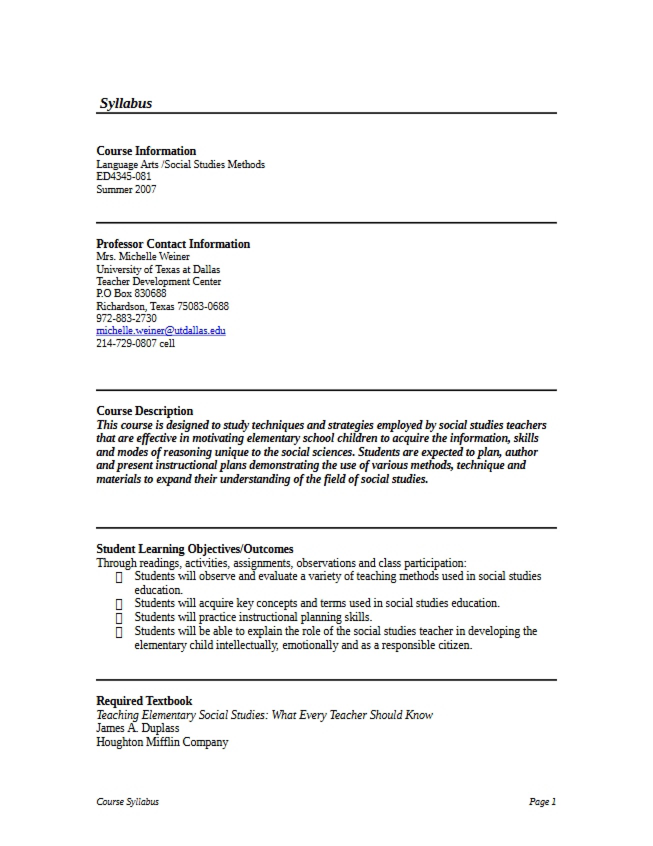 Syllabus Social Studies Methods (Grades EC-6) - 7 Pages