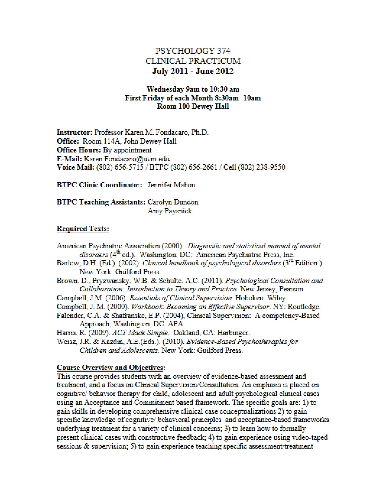 Advanced Practicum in Clinical Psych Syllabus