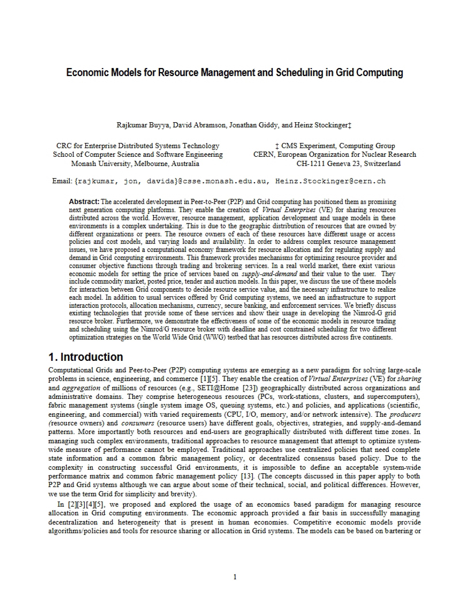 Grid Computing Economic Models for Scheduling