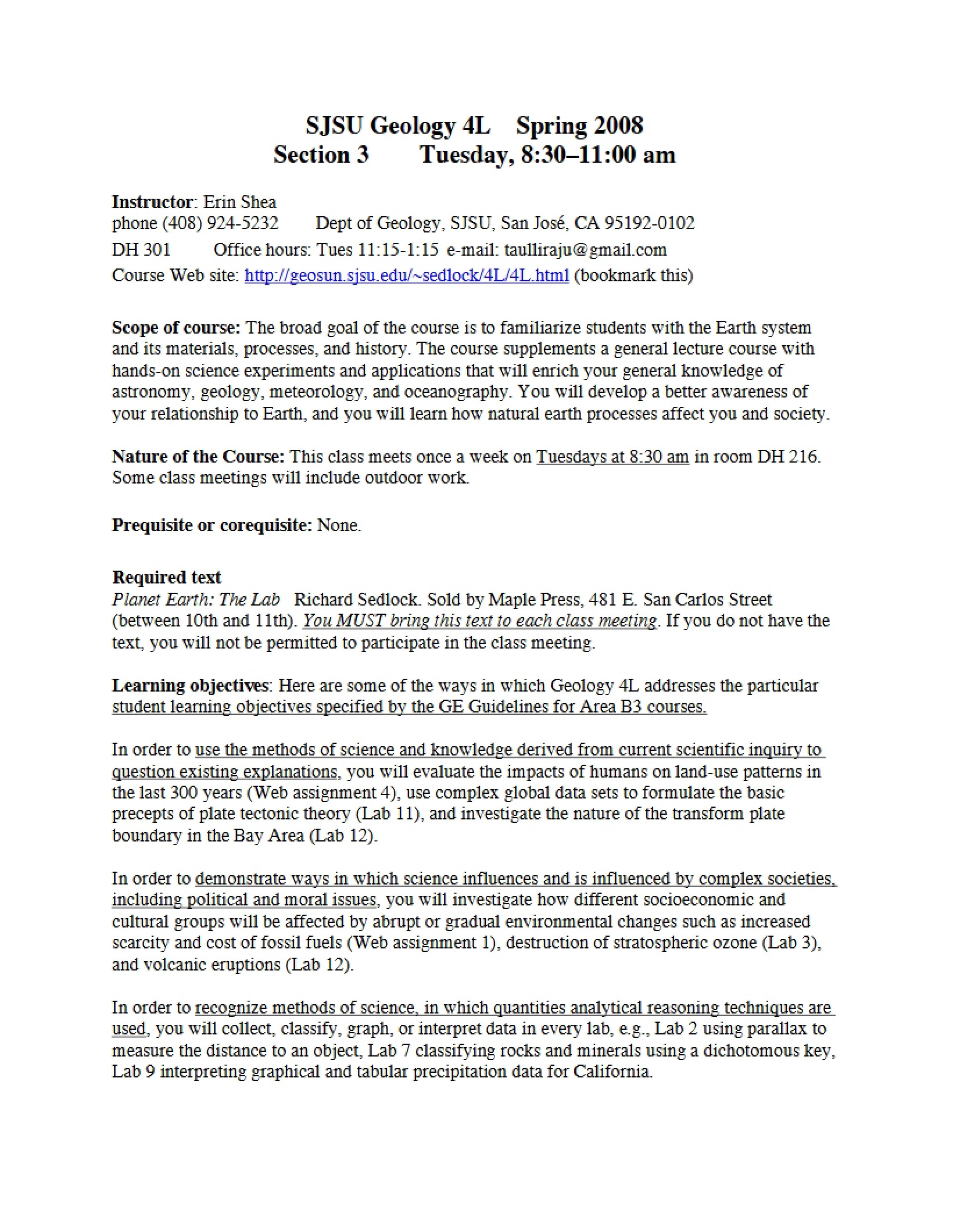 Planet Earth Lab Syllabus