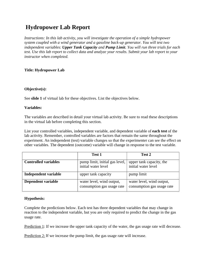 Hydropower Lab Report Part A