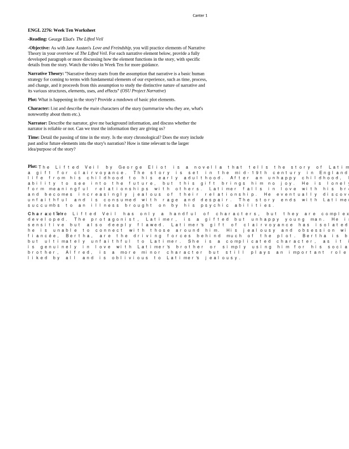 ENGL 2276 Week Ten Worksheet on The Lifted Veil