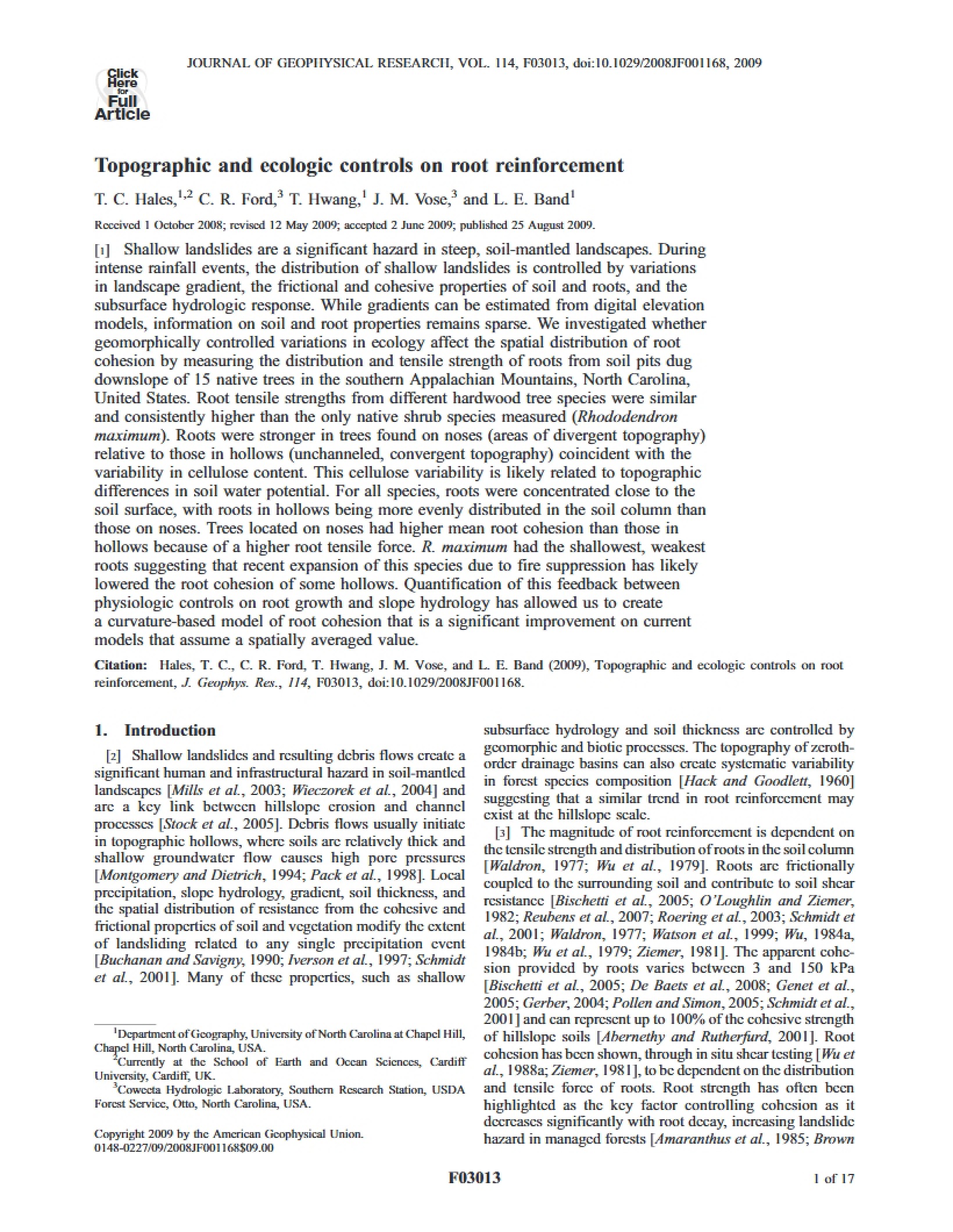 Root Reinforcement Ecologic and Topographic Controls
