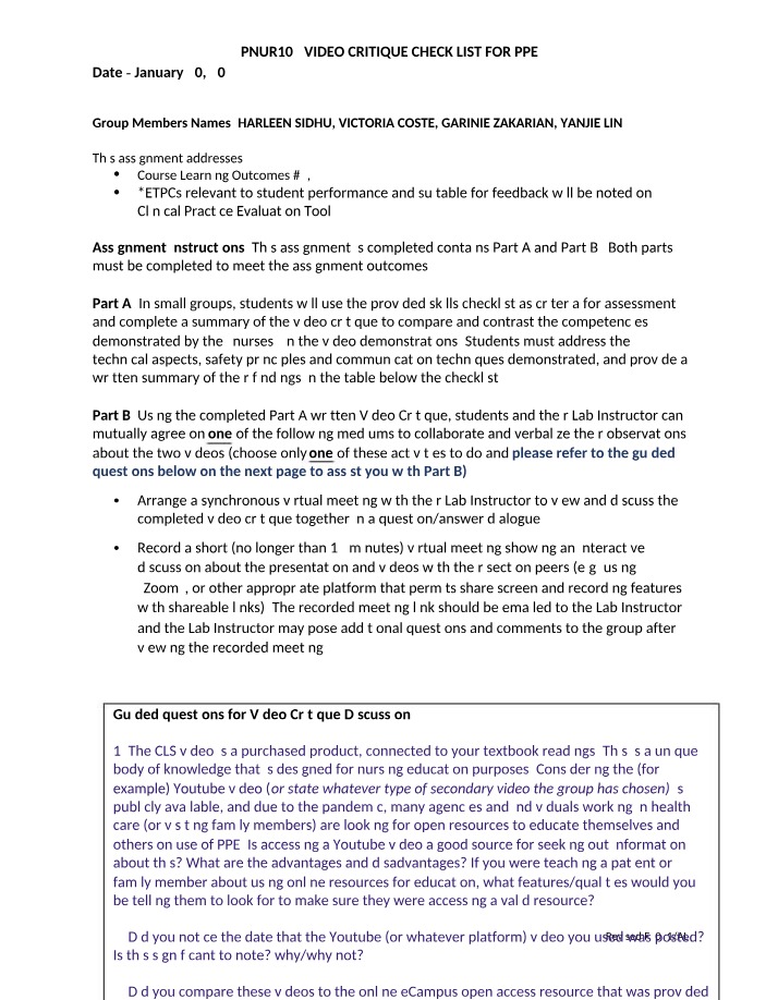 PNUR105 - PPE Video Critique Checklist