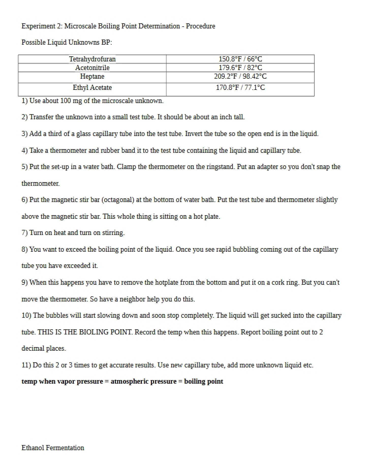Procedure for Experiment Two Determining Microscale Boiling Point