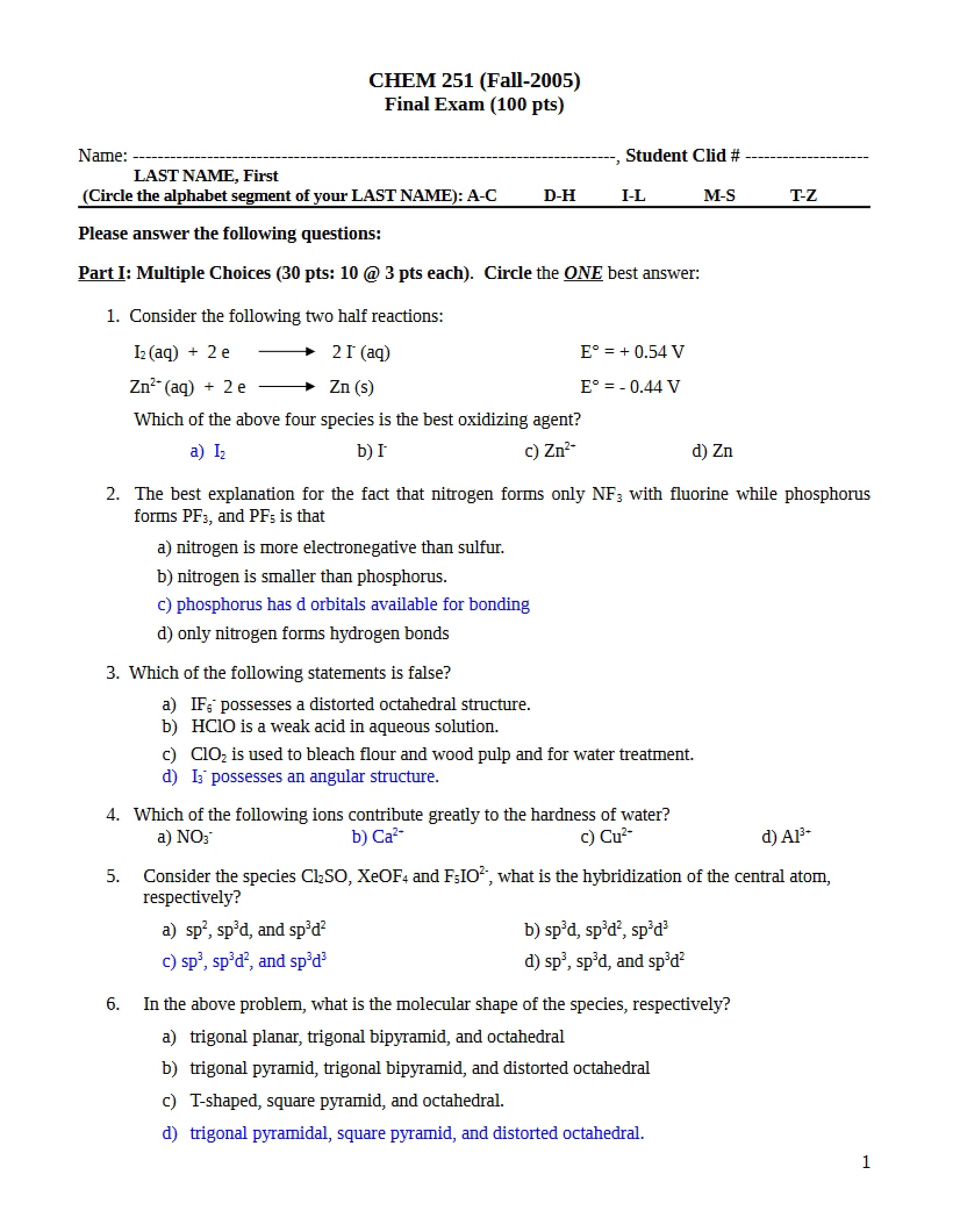 Inorganic Chemistry Final Exam