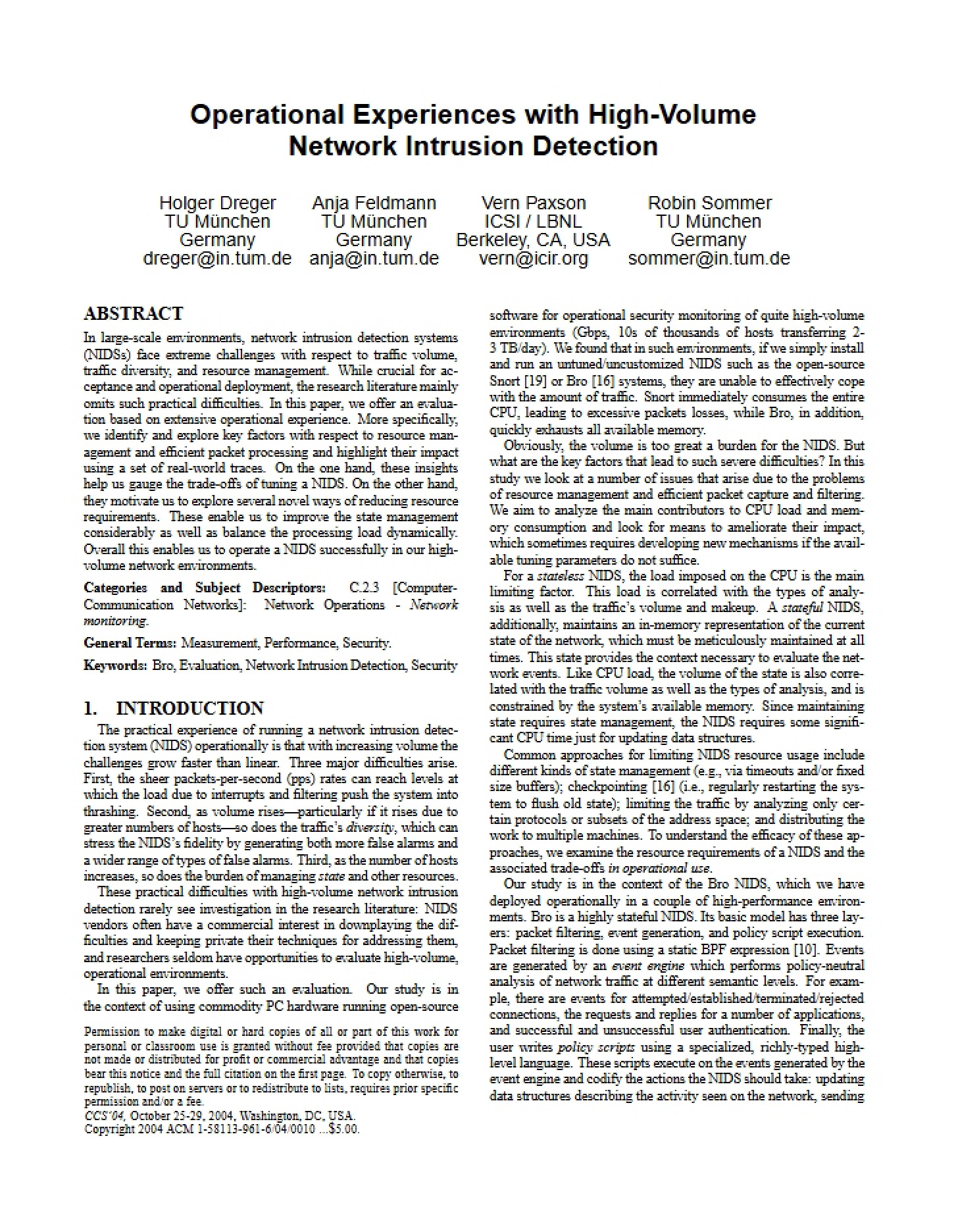 High-Volume Network Intrusion Detection Operational Experiences