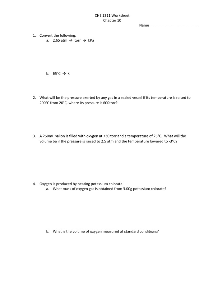 Worksheet on Gas Conversion and Pressure Calculations