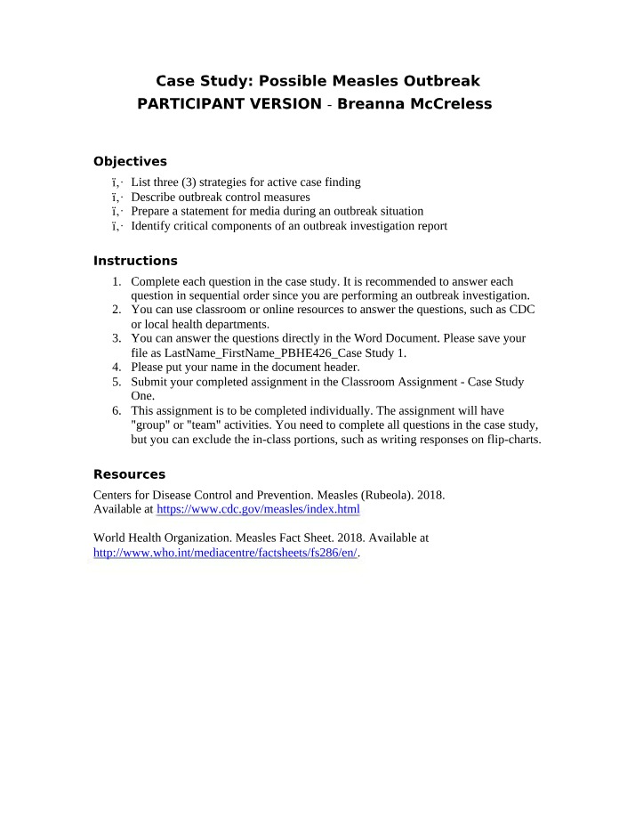 Case Study on a Possible Measles Outbreak