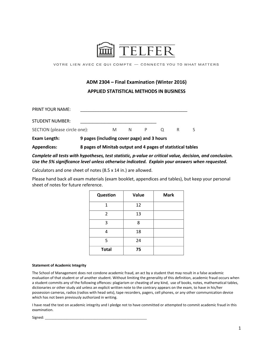 ADM 2304 Final Exam - Winter 2016