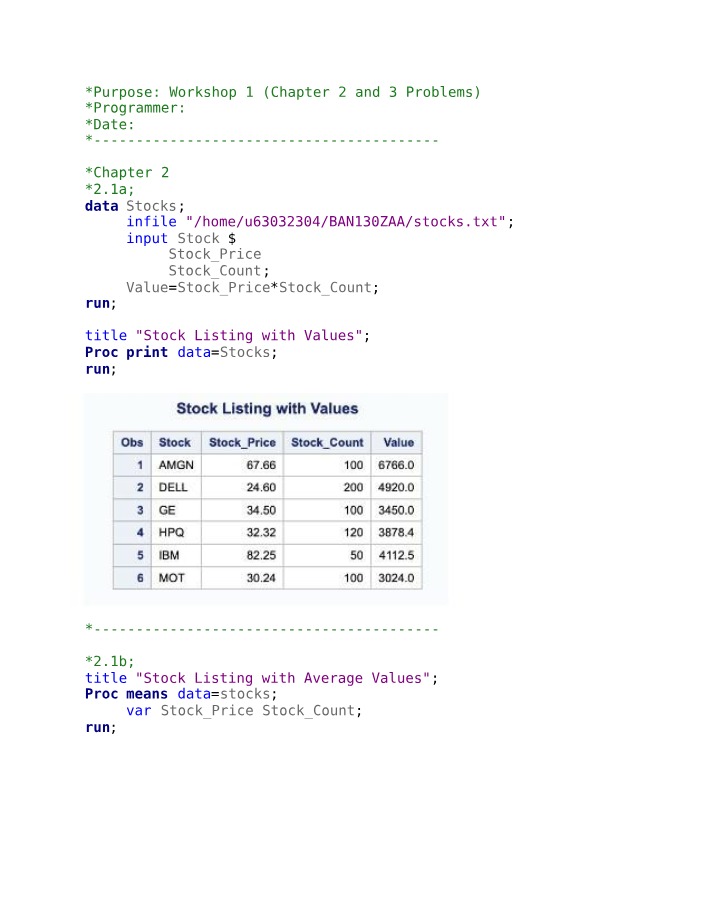 Workshop Problems - Stock Listing with Values and Averages