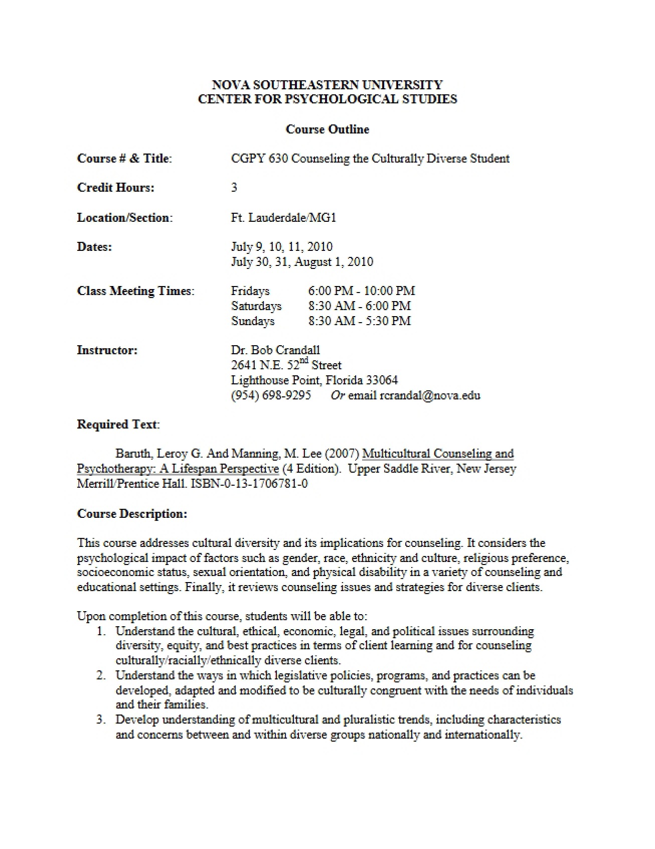 Diversity Counseling Course Plan