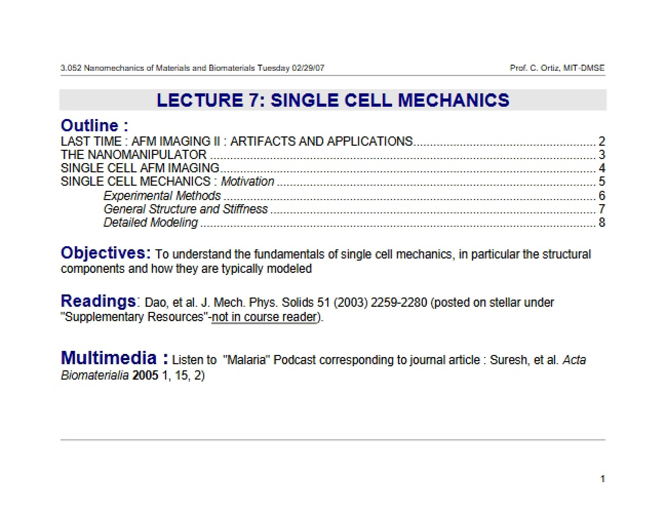 Mechanics of Single Cells (Lecture 7)
