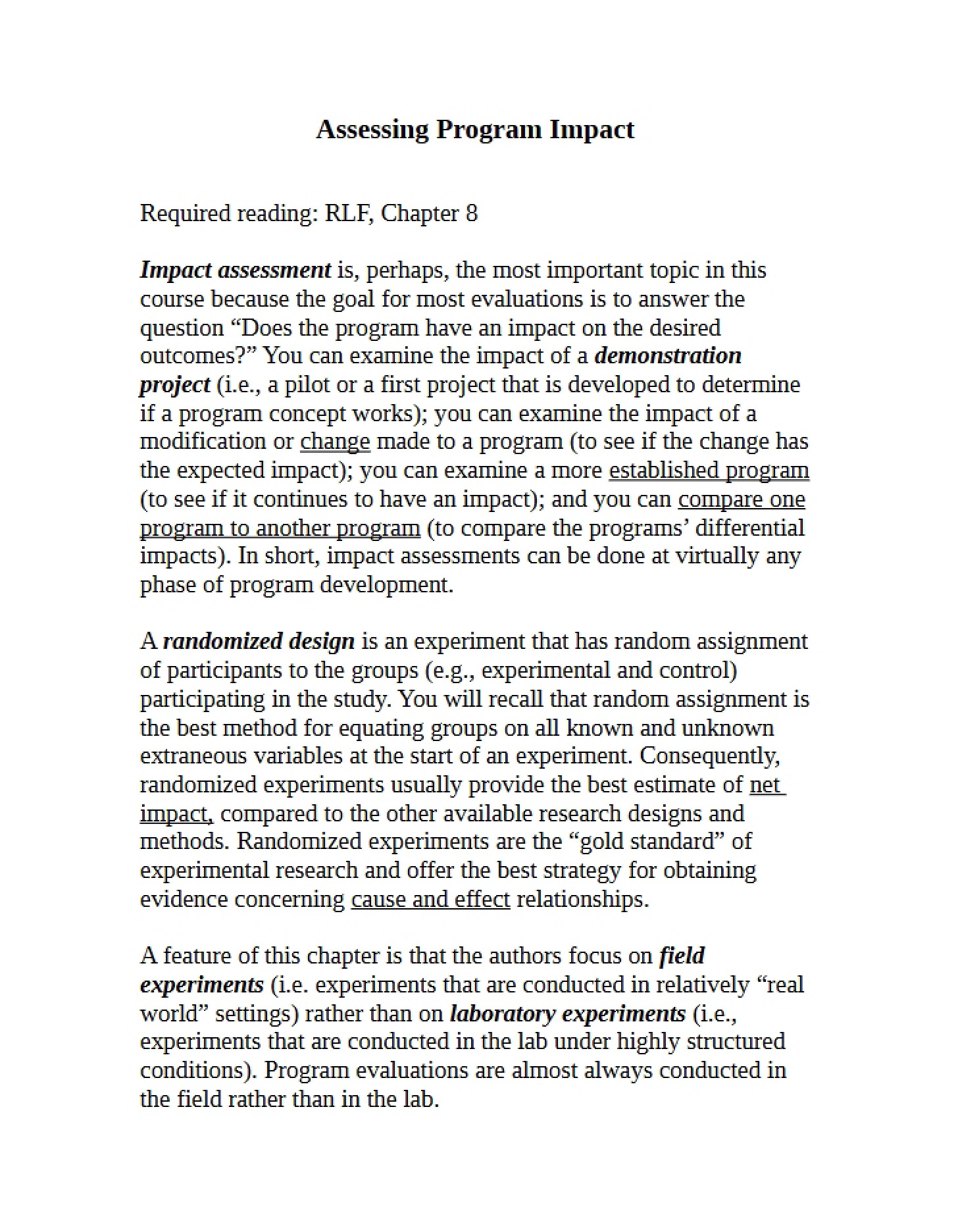 Impact Assessment of Programs