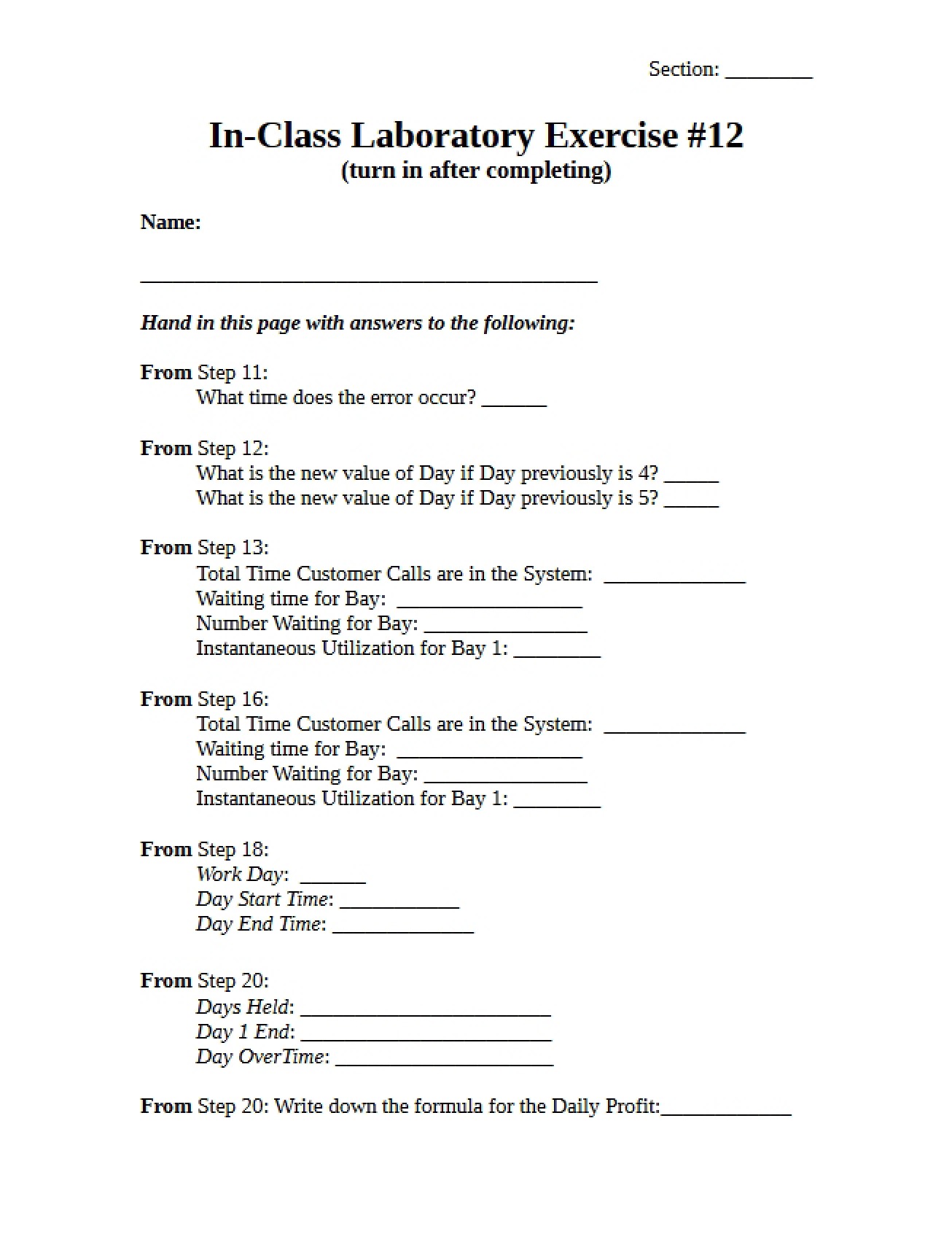 Twelfth In-Class Lab Exercise
