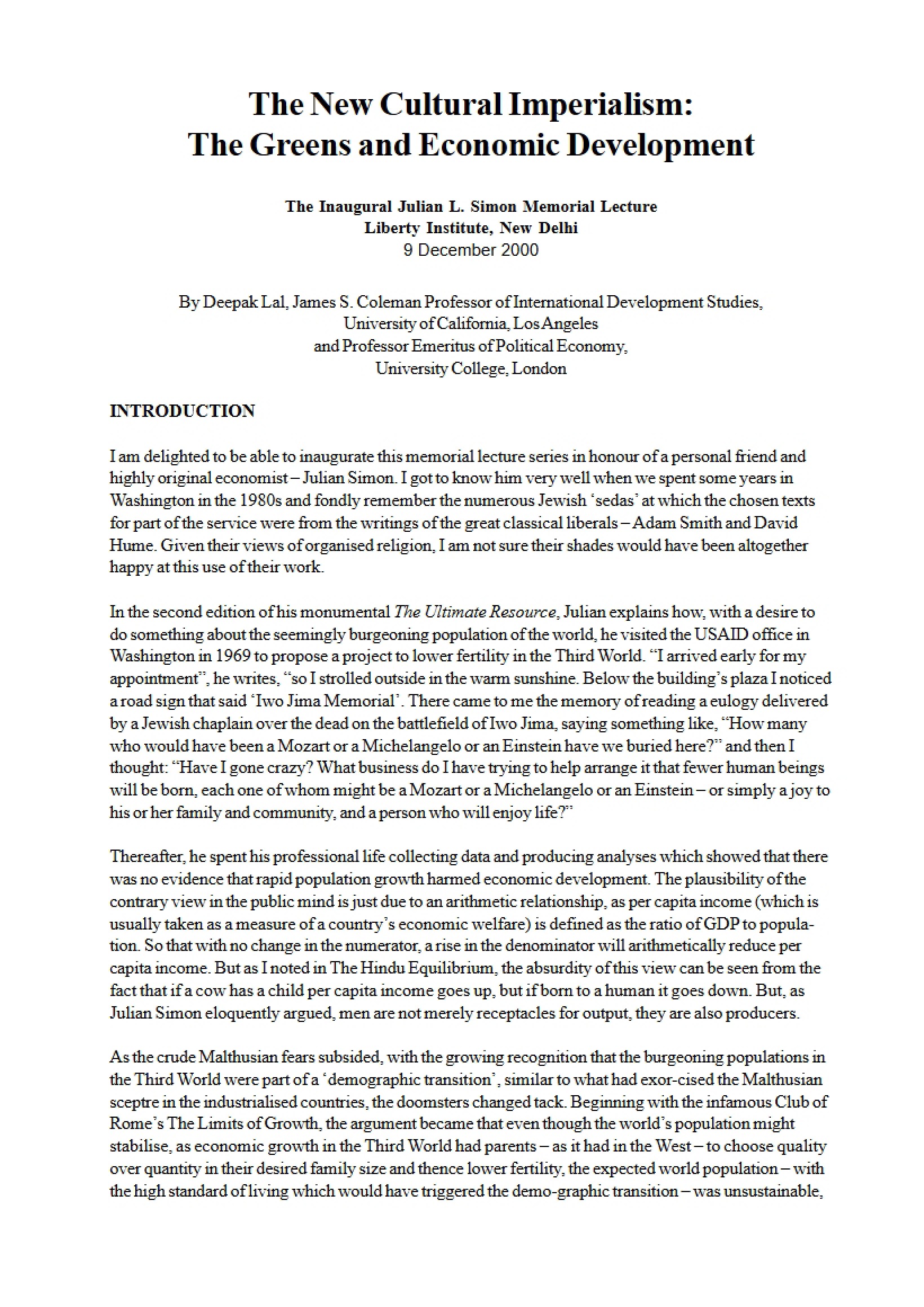 Economic Development and the Greens Cultural Imperialism