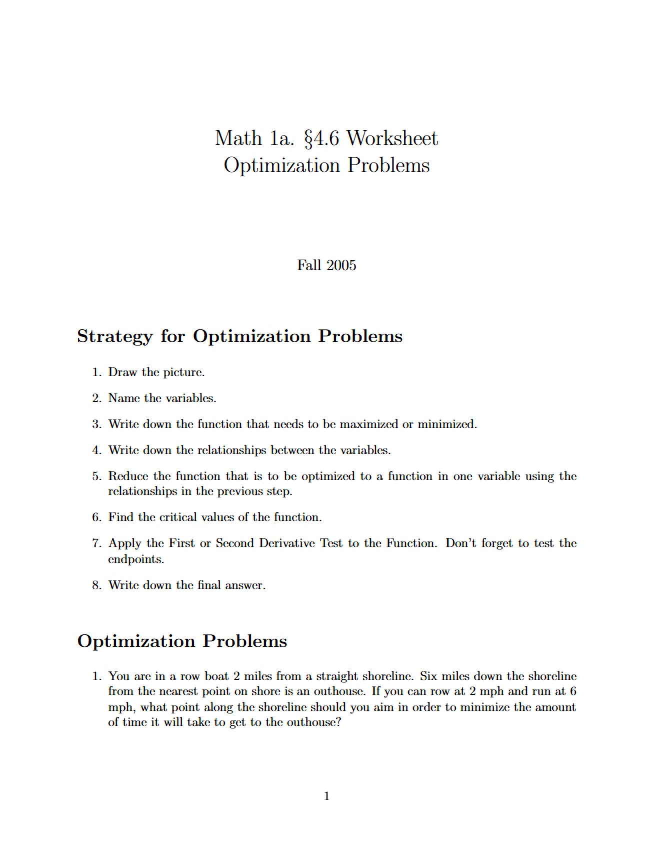 Optimization Problems Worksheet