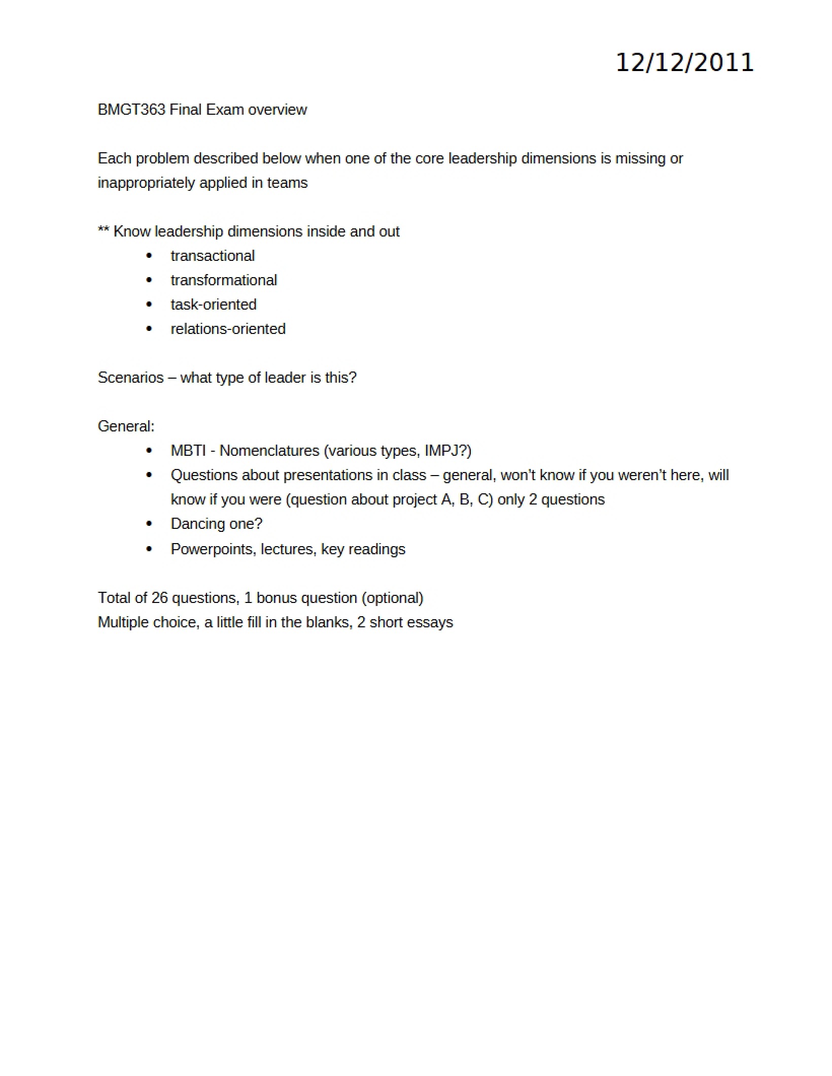 Overview of Final Exam