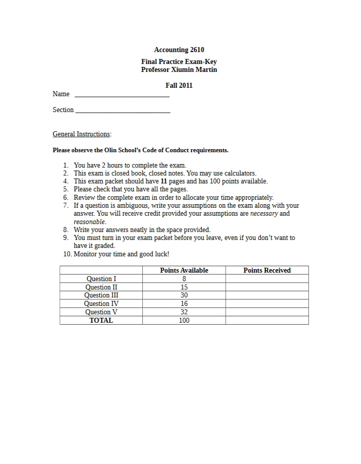 Key for Practice Final (Fall 2011)
