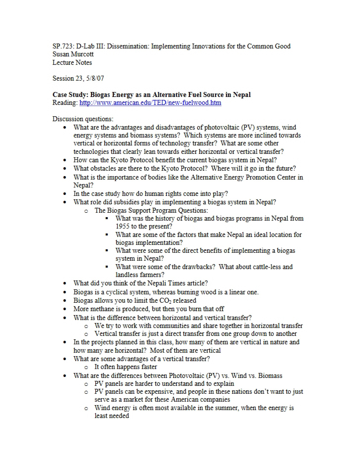 Notes from Lecture