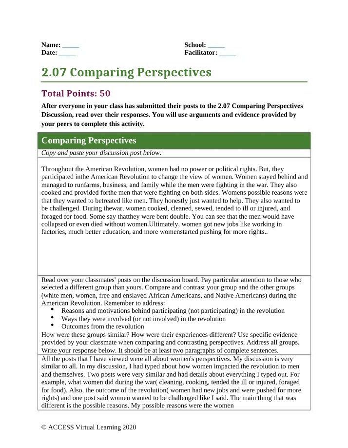 Women's Impact on the American - Comparing Perspectives