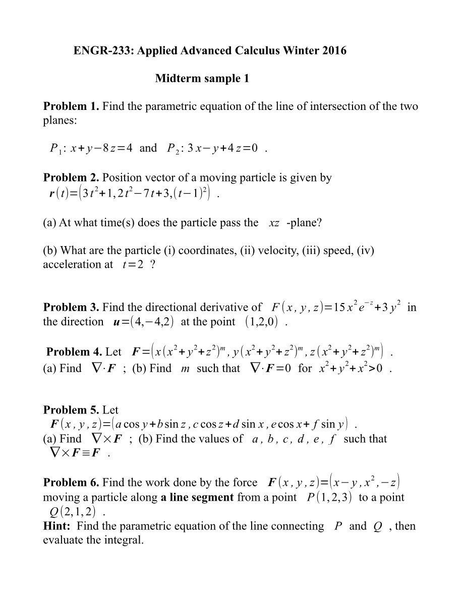 Sample Midterm 1 - ENGR 233 (Winter 2016)