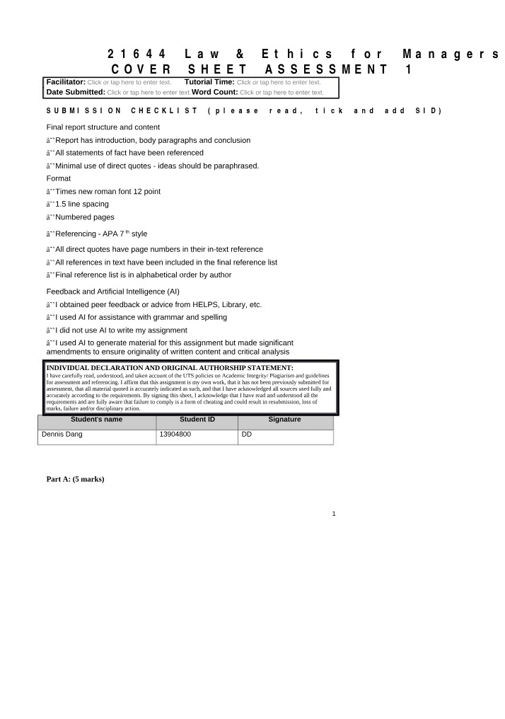 Assessment 1 Cover Sheet - Law & Ethics for Managers