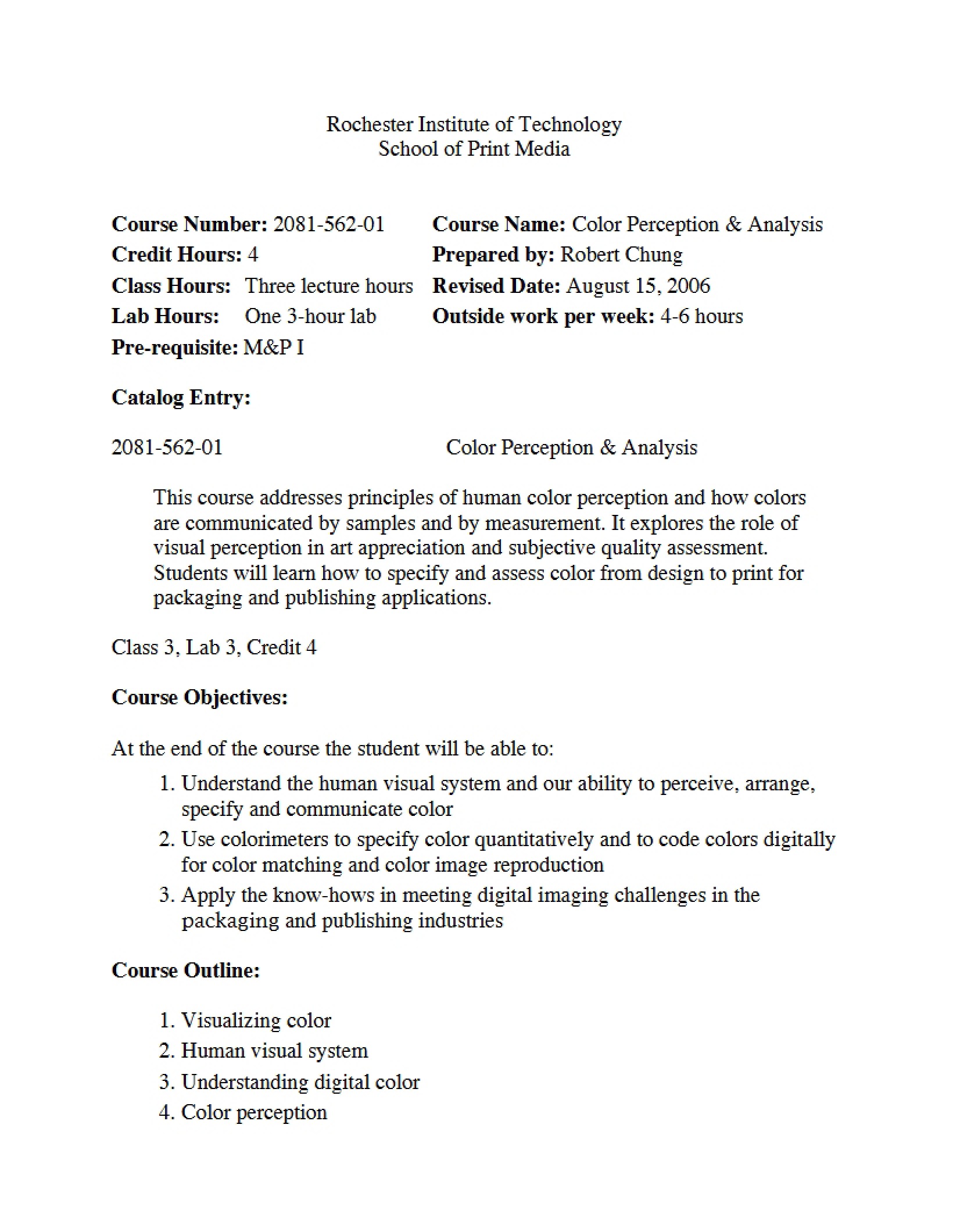 Syllabus for Color Perception