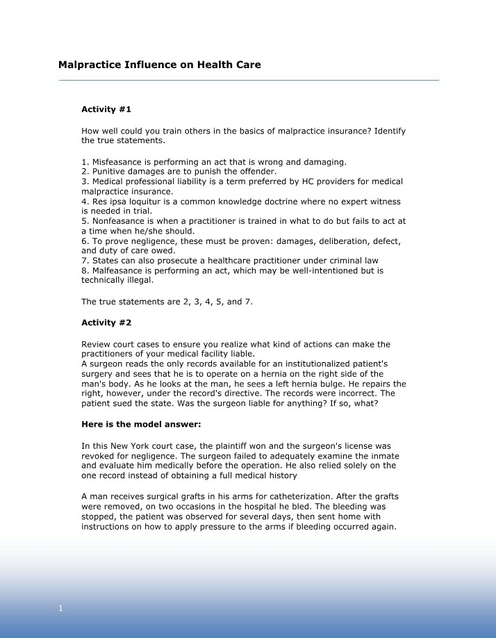 Model Answers for Malpractice Influence on Health Care Activities