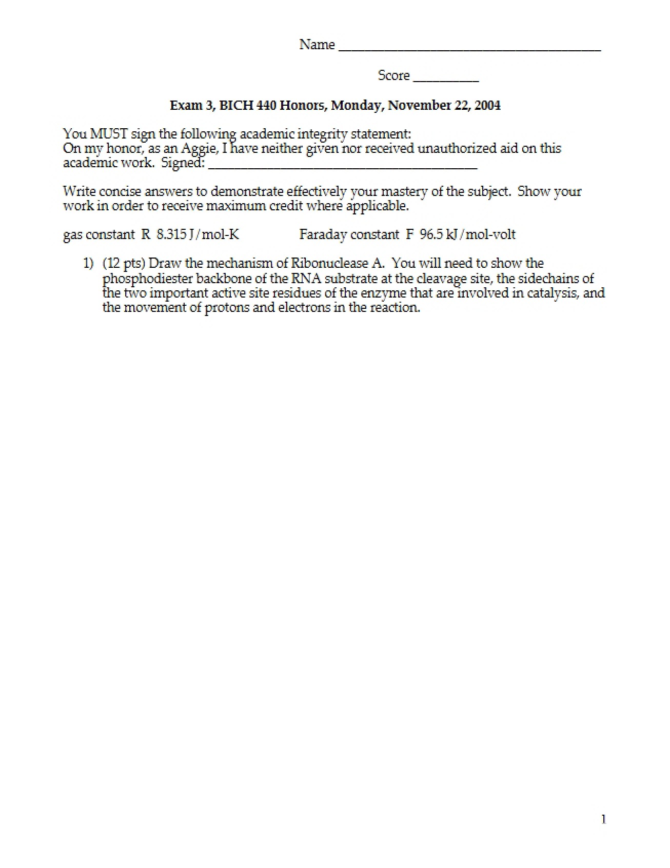 Third Examination for Biochemistry I