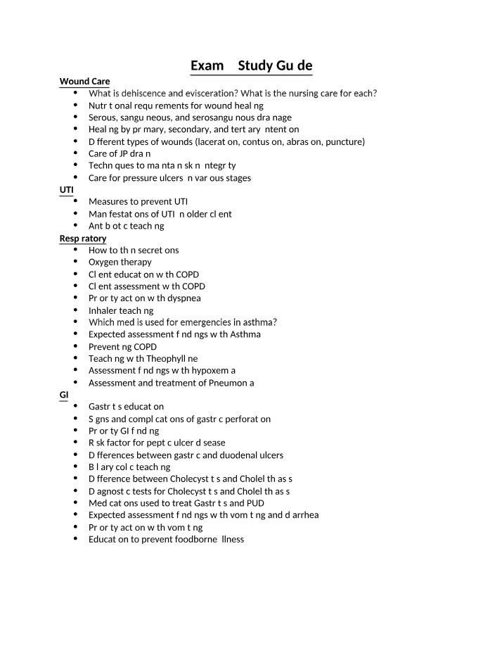 Wound Care, UTI, Respiratory, GI - Exam 2 Study Guide