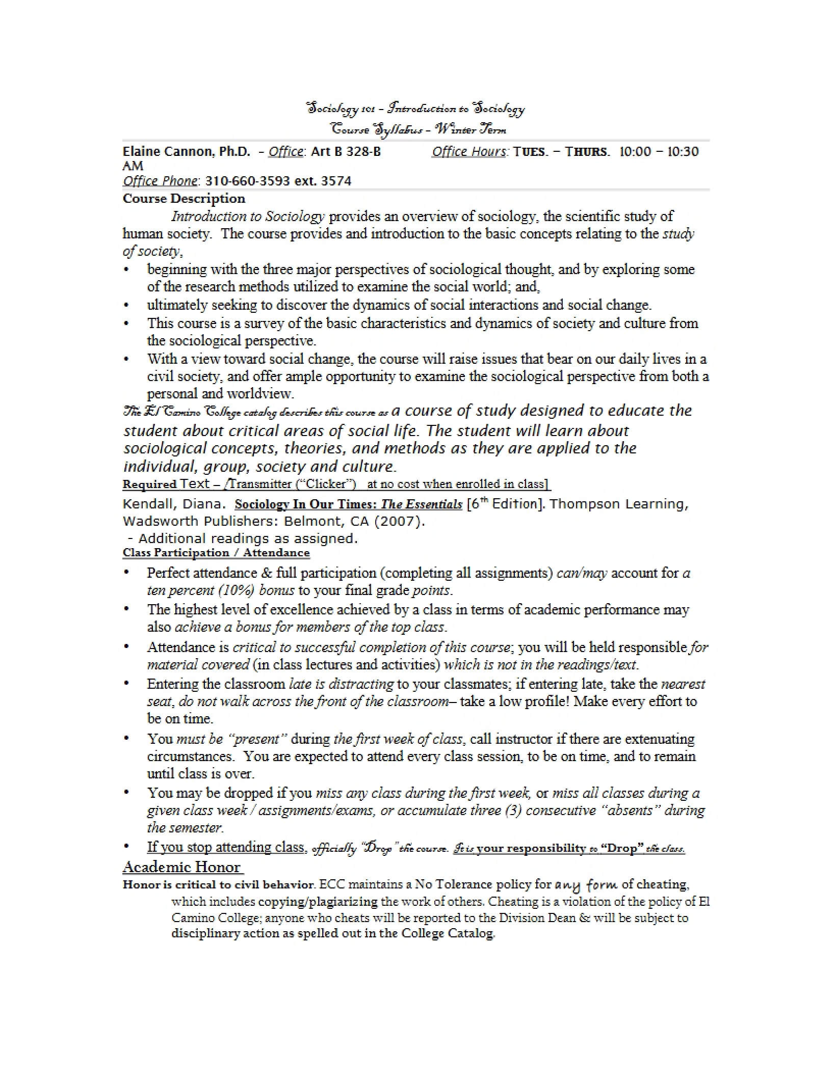 Syllabus for Introduction to Sociology