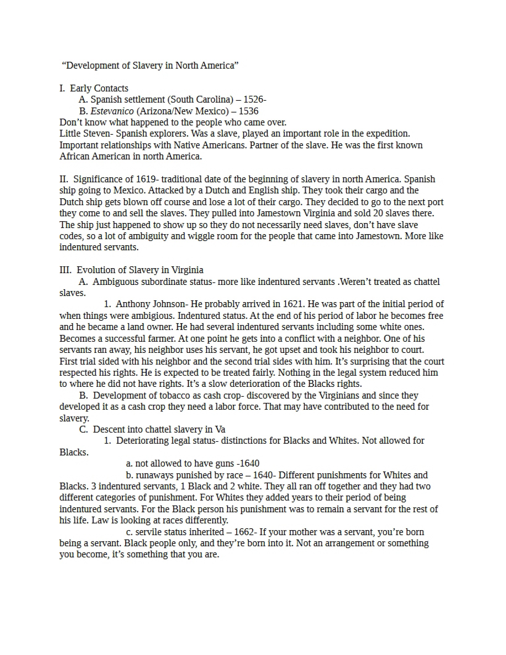 Slavery in North America Outline